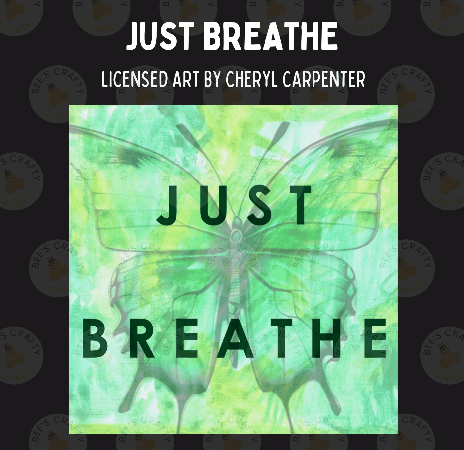 The image is a poster with a butterfly and the text "Just Breathe" written on it.