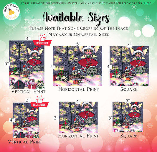 The image is a collage of six different sizes of Christmas-themed illustrations, including a vertical print, a horizontal print, a square, a horizontal print, a vertical print, and a square. The illustrations depict various Christmas-related scenes, such as a snowy landscape, a Santa Claus figure, and other festive elements. The sizes of the illustrations vary, ranging from 4" to 5" in width.