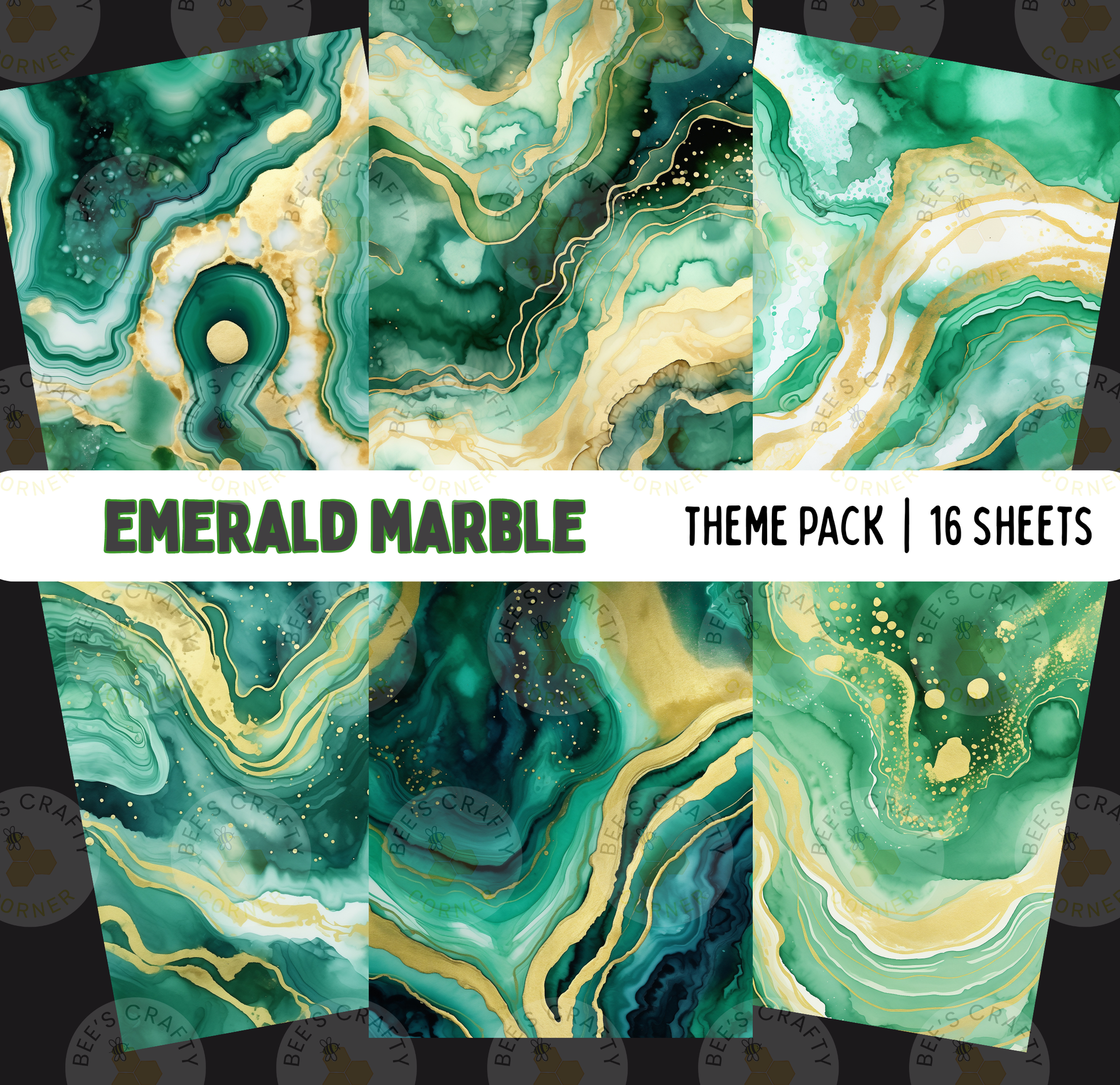 a collection of abstract marble-like patterns in shades of green and gold, arranged in a grid-like layout. The patterns feature swirling lines and shapes that create a sense of movement and dynamism. The text "EMERALD MARBLE" is prominently displayed, indicating the theme of the image. The image is described as a "THEME PACK" containing "16 SHEETS" of these marble-like patterns, suggesting a variety of designs and styles within the theme.