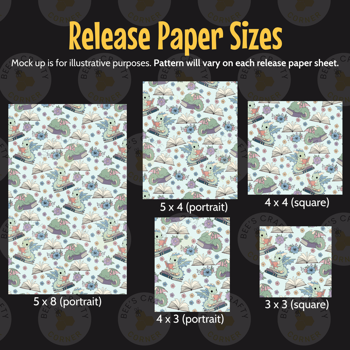 a collection of paper sizes, each featuring a different pattern of illustrations, including animals, flowers, and other decorative elements. The sizes range from 5 x 4 (portrait) to 5 x 8 (portrait), and from 4 x 3 (square) to 4 x 4 (portrait). The text above the images indicates that the mock-up is for illustrative purposes, and the pattern will vary on each release paper sheet.