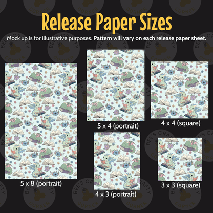 a collection of paper sizes, each featuring a different pattern of illustrations, including animals, flowers, and other decorative elements. The sizes range from 5 x 4 (portrait) to 5 x 8 (portrait), and from 4 x 3 (square) to 4 x 4 (portrait). The text above the images indicates that the mock-up is for illustrative purposes, and the pattern will vary on each release paper sheet.