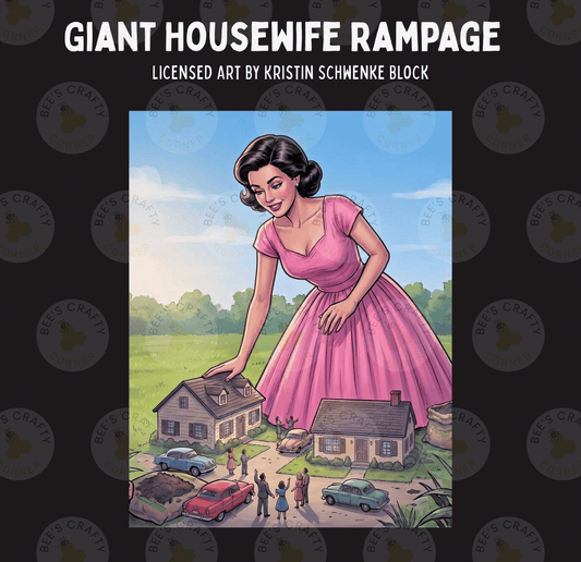 The image is a collage of various scenes, including a large woman in a pink dress standing in front of a house, a group of people gathered around a car, and a car parked in front of a house. The overall scene appears to be a creative and artistic representation of a woman's presence in a suburban setting.
