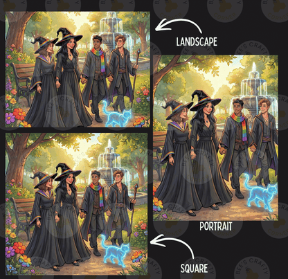 The image is a collage of two images, each depicting a group of people dressed in black robes and hats, with a fountain and trees in the background. The text "LANDSCAPE" and "PORTRAIT" are used to describe the different types of images.