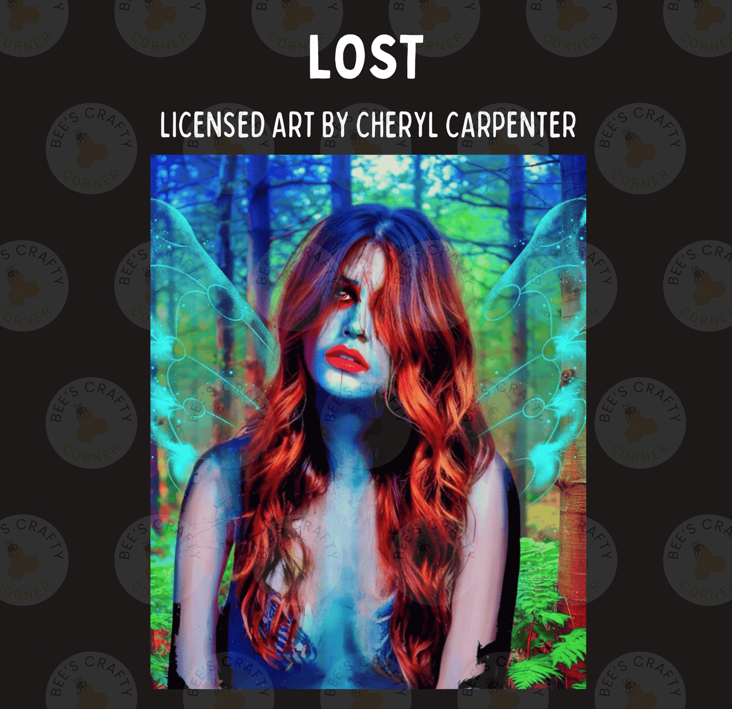 The image is a digital artwork featuring a woman with long, wavy red hair and a blue and green background. The artwork is titled "Lost" and is described as "LICENSED ART BY CHERYL CARPENTER".