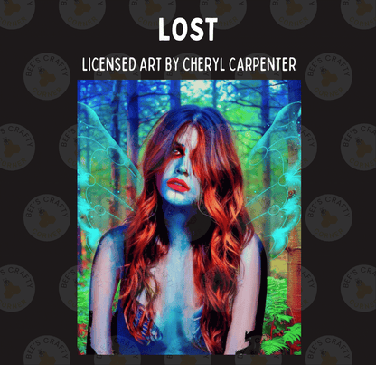 The image is a digital artwork featuring a woman with long, wavy red hair and a blue and green background. The artwork is titled "Lost" and is described as "LICENSED ART BY CHERYL CARPENTER".
