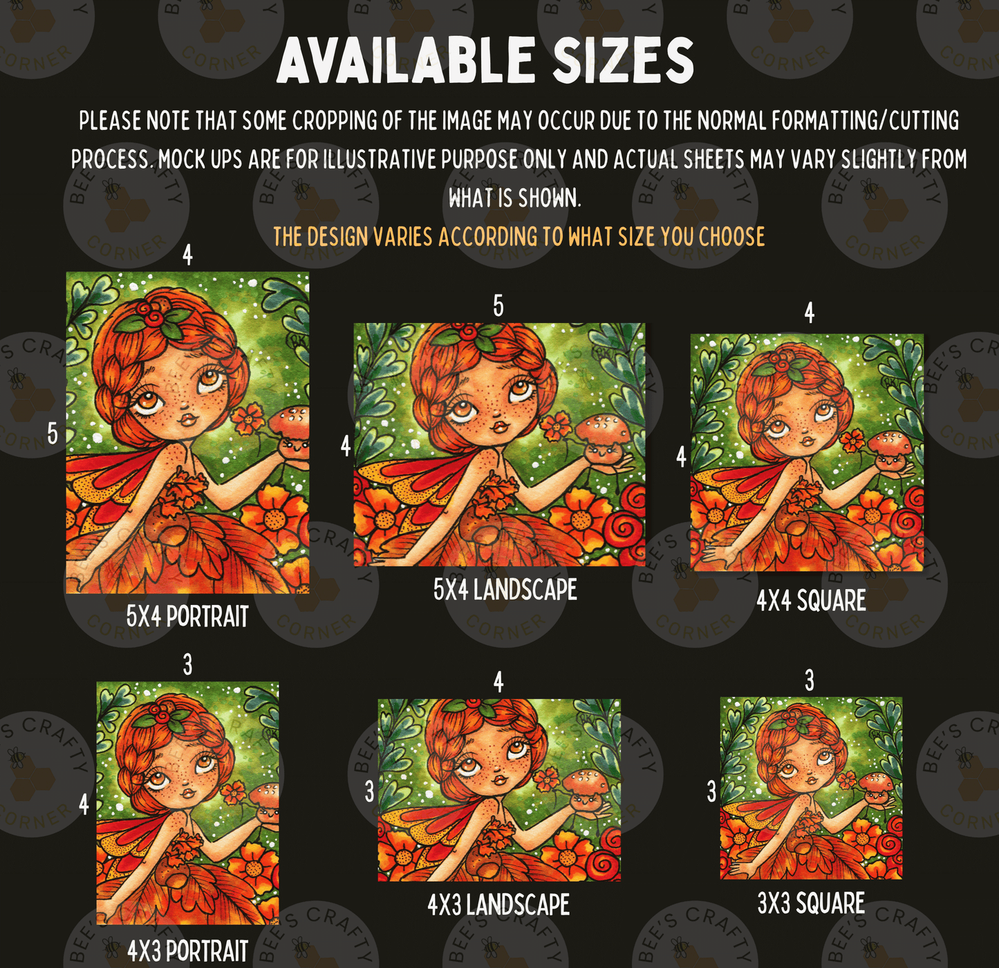 six different sizes of illustrations of a young girl with a flower crown, each depicting her in a unique style and arrangement of flowers.
