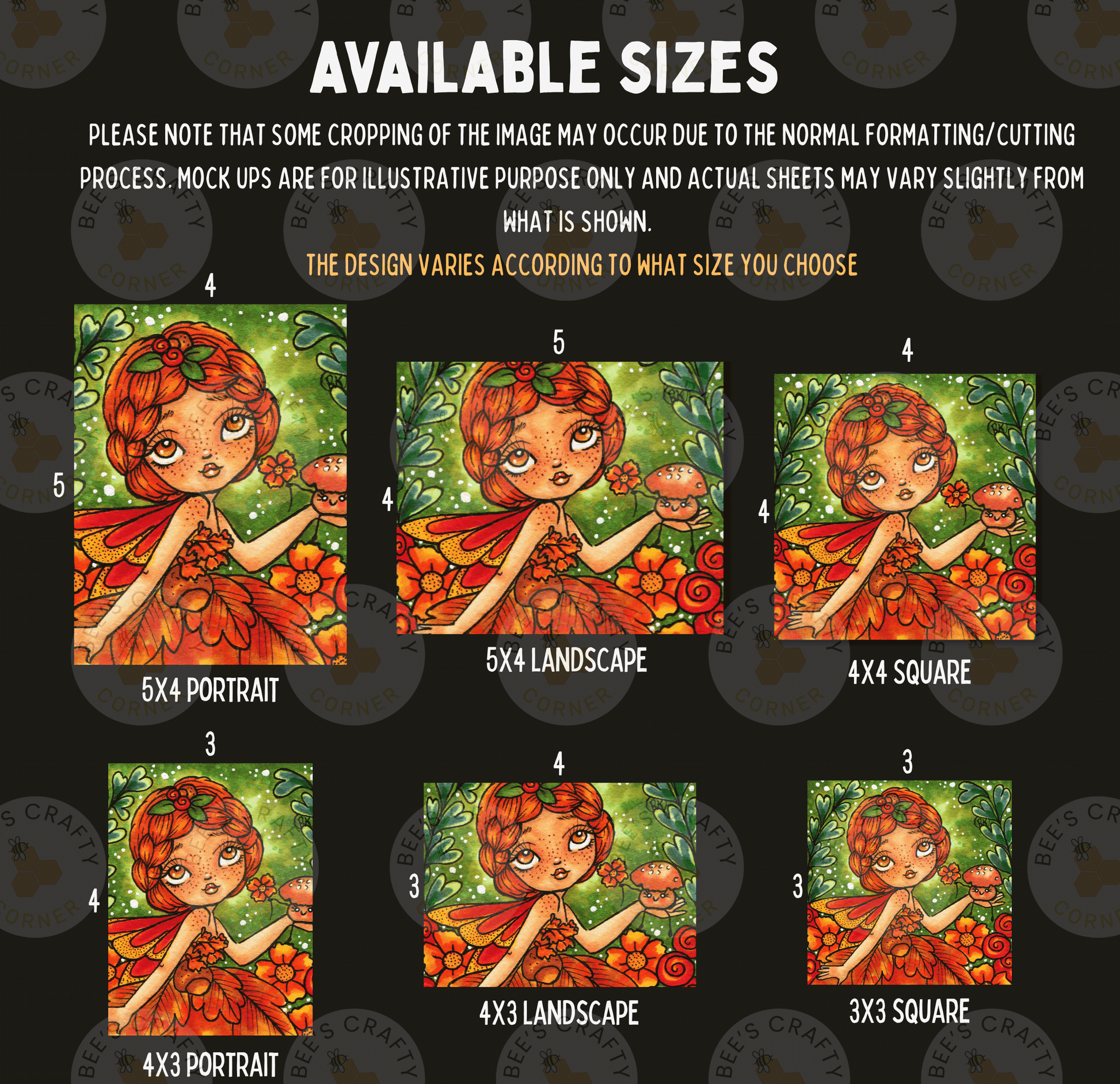 six different sizes of illustrations of a young girl with a flower crown, each depicting her in a unique style and arrangement of flowers.