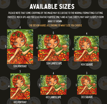 six different sizes of illustrations of a young girl with a flower crown, each depicting her in a unique style and arrangement of flowers.