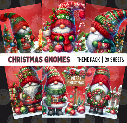 The image is a collage of six Christmas gnomes, each with a unique outfit and accessories, set against a festive red background. The gnomes are arranged in a grid-like pattern, with each one in a different pose and outfit. The collage includes a variety of gnomes, such as one with a scarf, another with a hat, and one with a wreath. The overall theme of the collage is Christmas, with the gnomes dressed in traditional holiday attire.