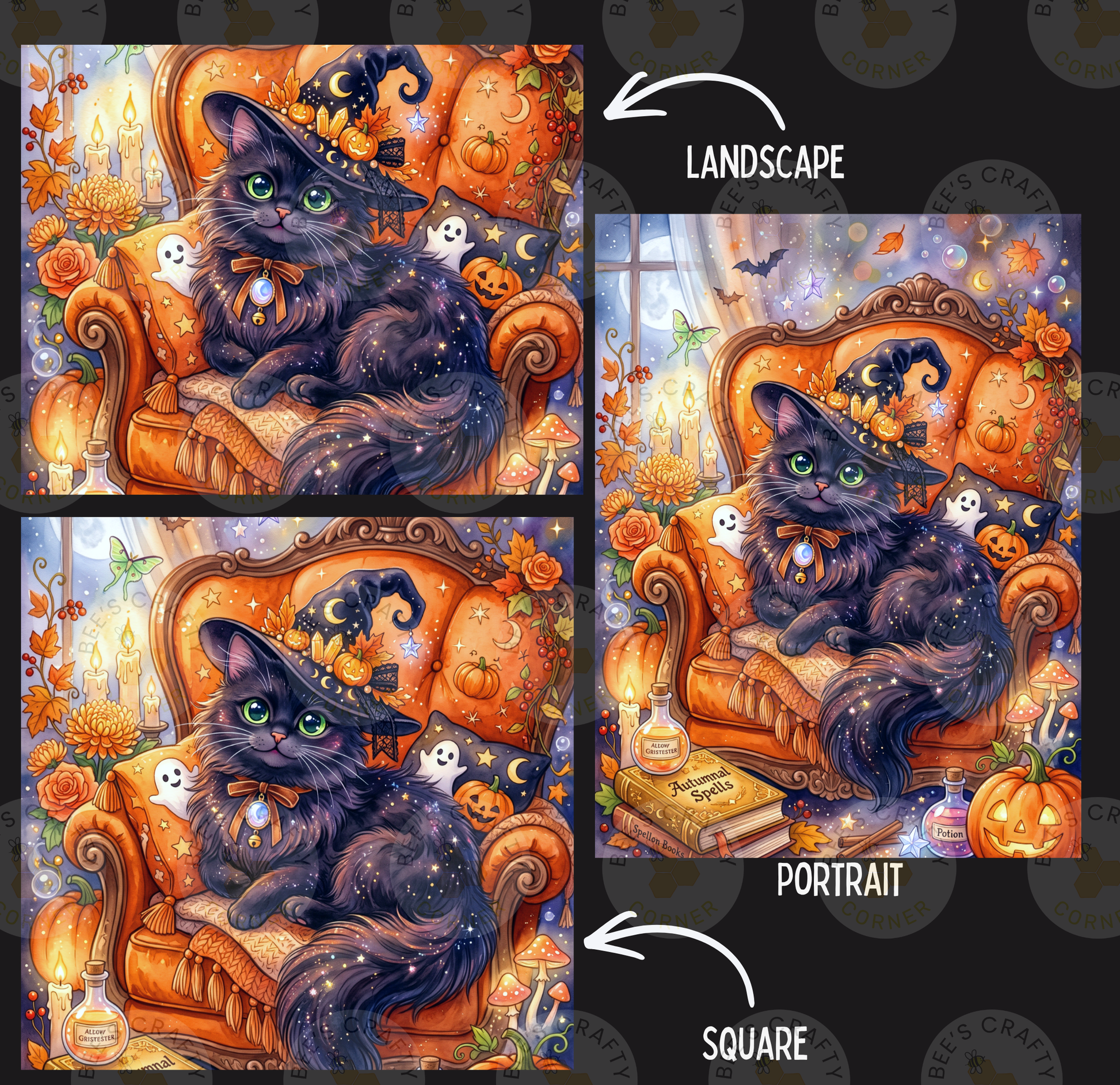The image is a collage of three pictures depicting a black cat wearing a witch's hat, sitting on a chair surrounded by Halloween decorations such as pumpkins, bats, and ghostly figures.