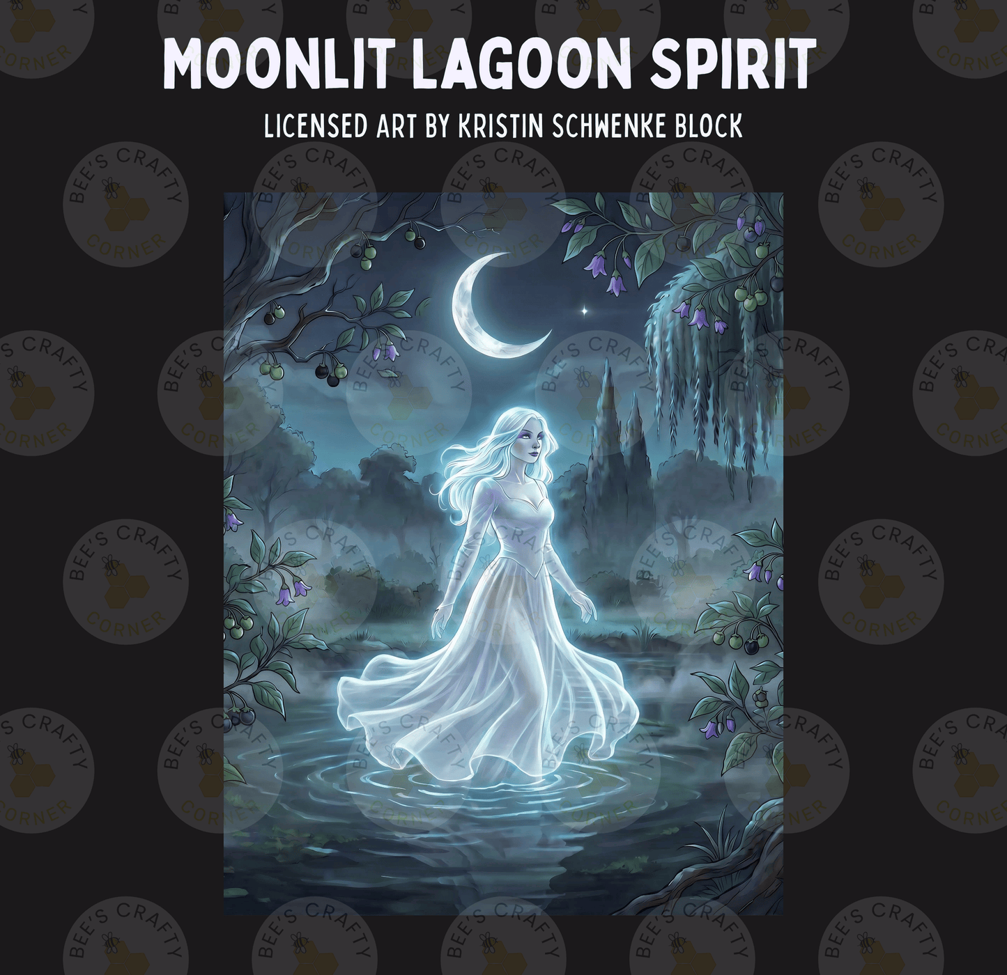 The image is a digital illustration depicting a ghostly, ethereal female figure standing in a misty, moonlit landscape.