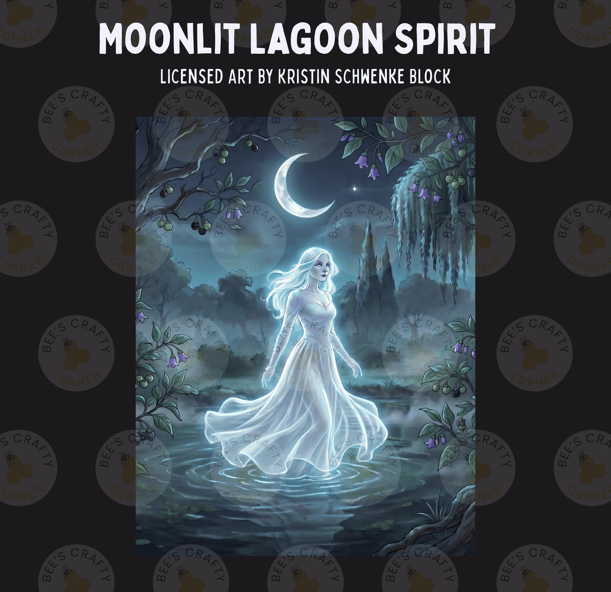 The image is a digital illustration depicting a ghostly, ethereal female figure standing in a misty, moonlit landscape.
