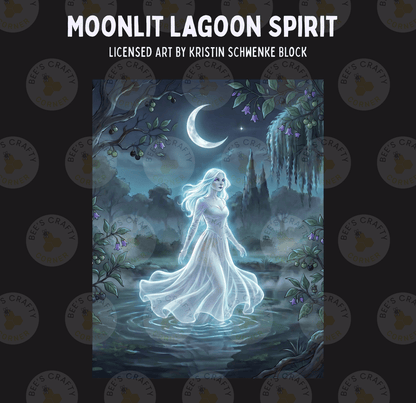 The image is a digital illustration depicting a ghostly, ethereal female figure standing in a misty, moonlit landscape.
