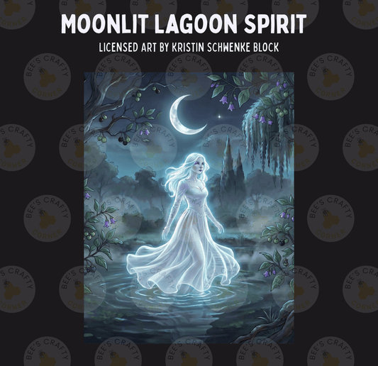 The image is a digital illustration depicting a ghostly, ethereal female figure standing in a misty, moonlit landscape.