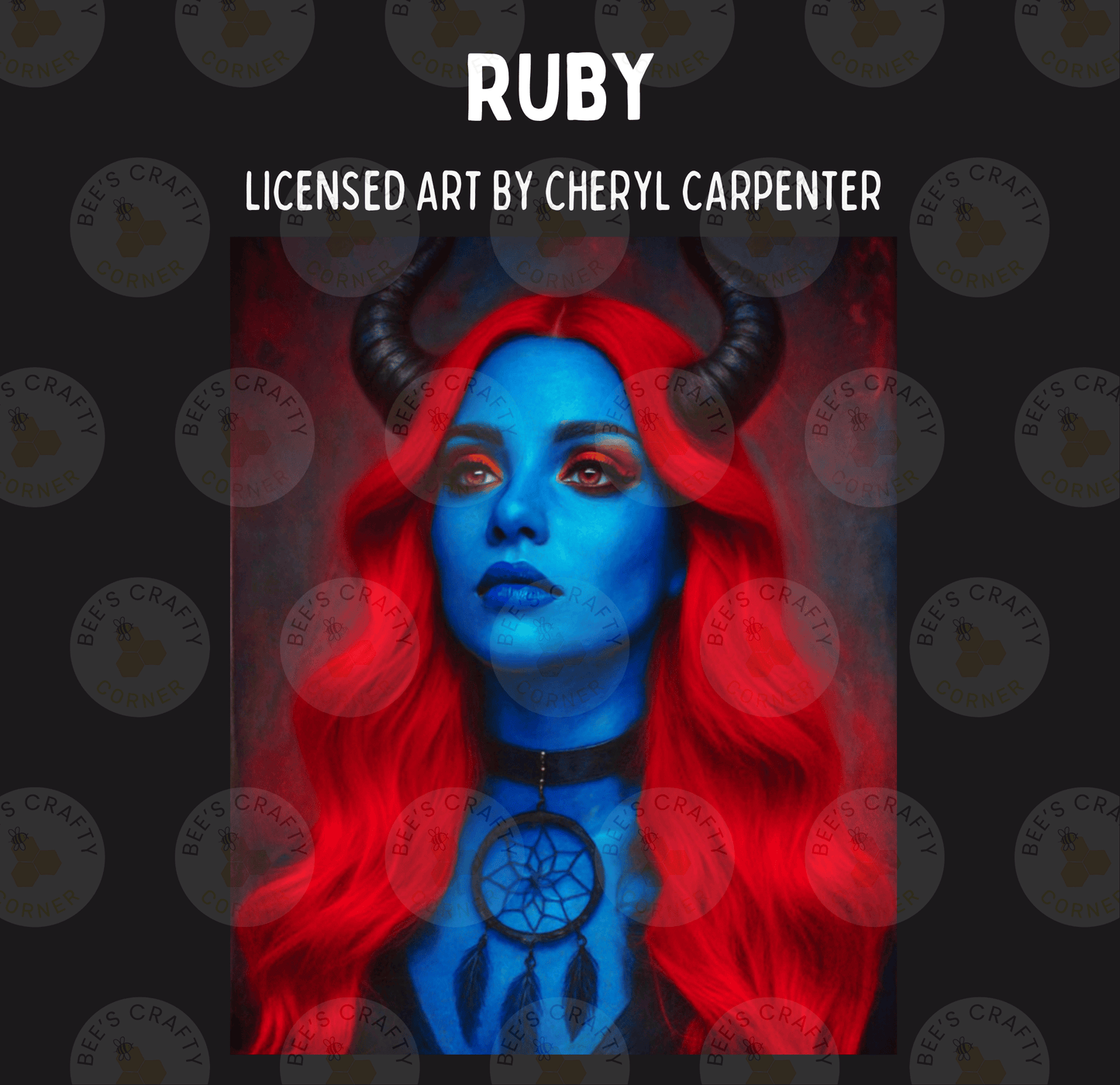 The image is a digital artwork featuring a woman with blue hair and horns, wearing a necklace with a dreamcatcher pendant.