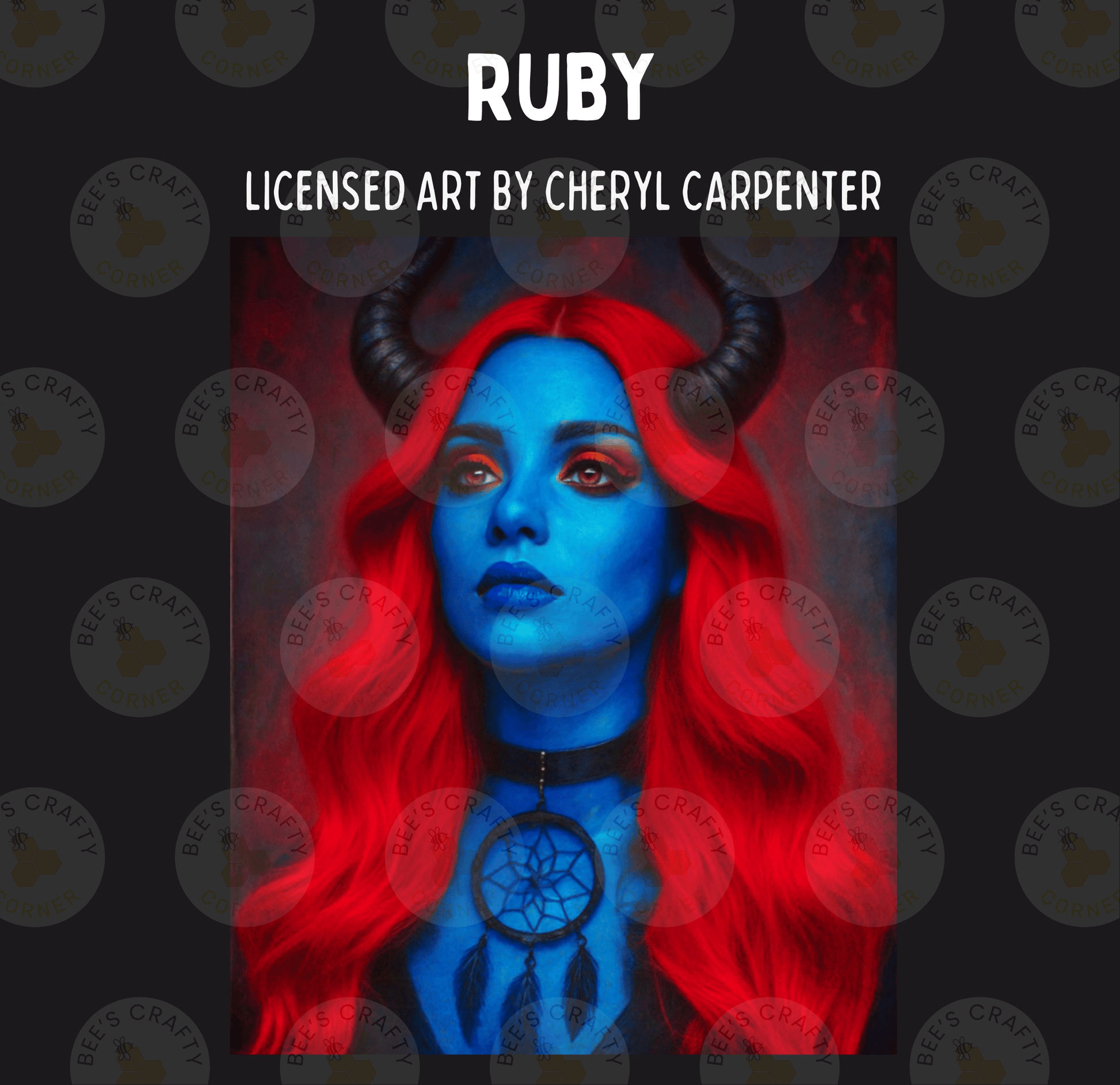 The image is a digital artwork featuring a woman with blue hair and horns, wearing a necklace with a dreamcatcher pendant.