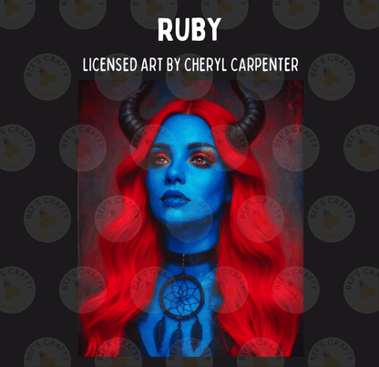 The image is a digital artwork featuring a woman with blue hair and horns, wearing a necklace with a dreamcatcher pendant.