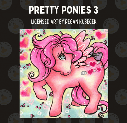 The image is a vibrant illustration of a pink pony with a heart-shaped design on its back, surrounded by hearts and bubbles.