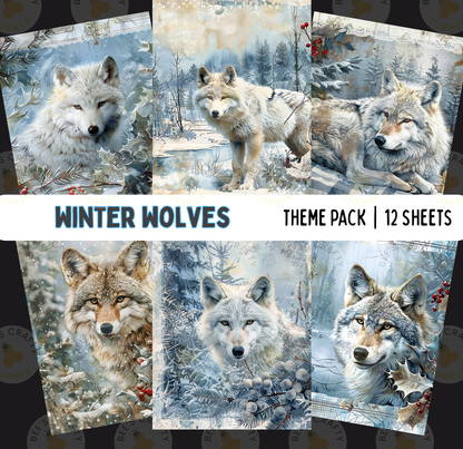 The image is a collage of six winter-themed pictures featuring a wolf in various snowy and forest-like settings.