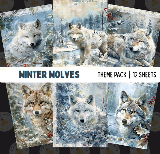 The image is a collage of six winter-themed pictures featuring a wolf in various snowy and forest-like settings.