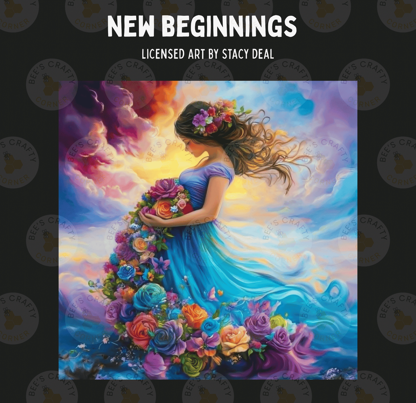 The image is a vibrant painting depicting a woman with flowing hair and a dress adorned with flowers, standing amidst a colorful, dreamlike landscape with clouds and a sunset in the background.