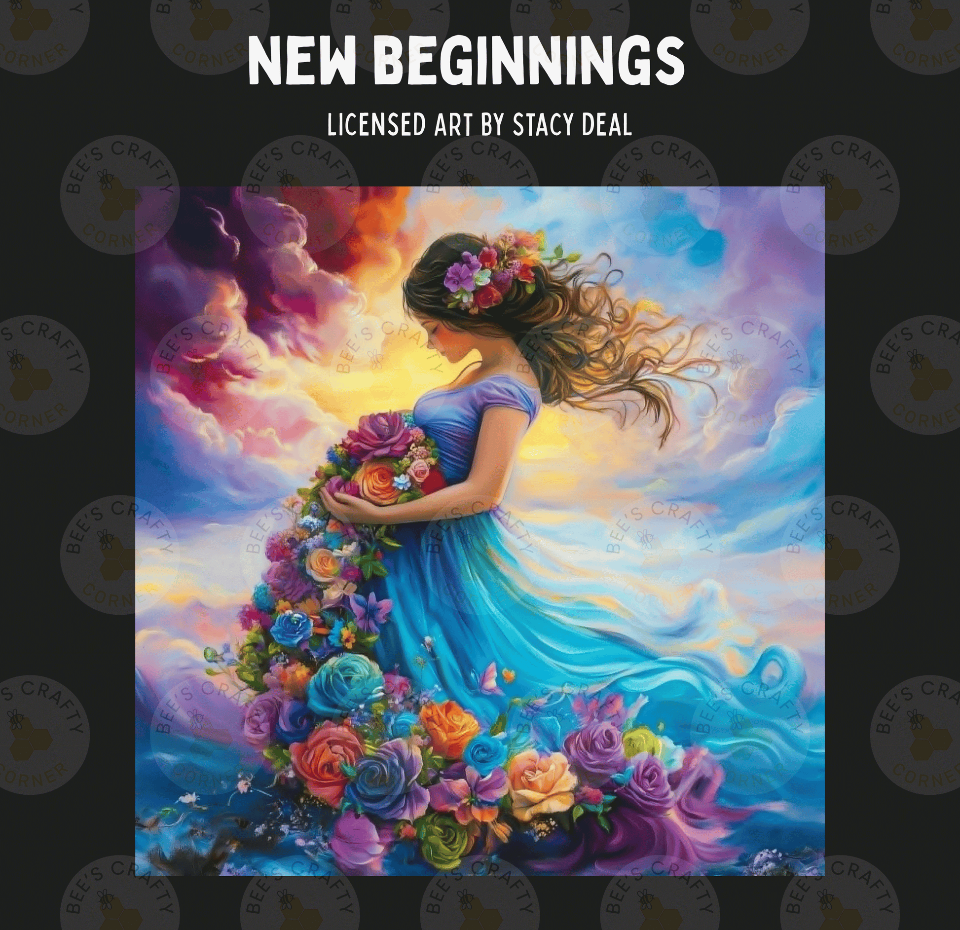 The image is a vibrant painting depicting a woman with flowing hair and a dress adorned with flowers, standing amidst a colorful, dreamlike landscape with clouds and a sunset in the background.