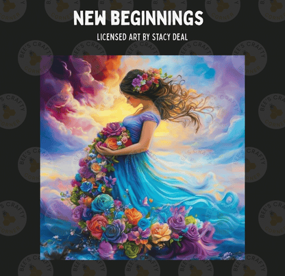 The image is a vibrant painting depicting a woman with flowing hair and a dress adorned with flowers, standing amidst a colorful, dreamlike landscape with clouds and a sunset in the background.