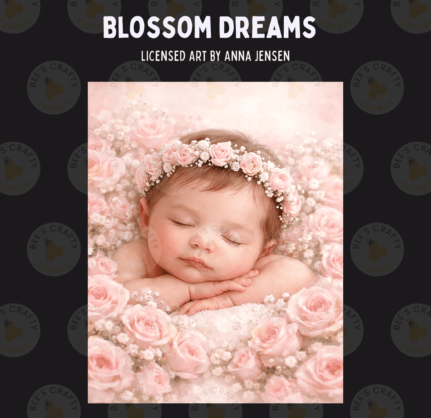A sleeping baby swaddled in a pink flower crown is surrounded by a bed of pink roses.