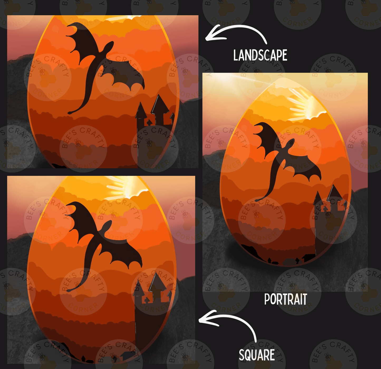 The image is a collage of three images depicting a dragon silhouette against a sunset landscape. The first image shows the dragon flying over a castle, the second image shows the dragon flying over a castle, and the third image shows the dragon flying over a castle. The image is labeled as a landscape, a portrait, and a square, indicating the different perspectives of the same scene.