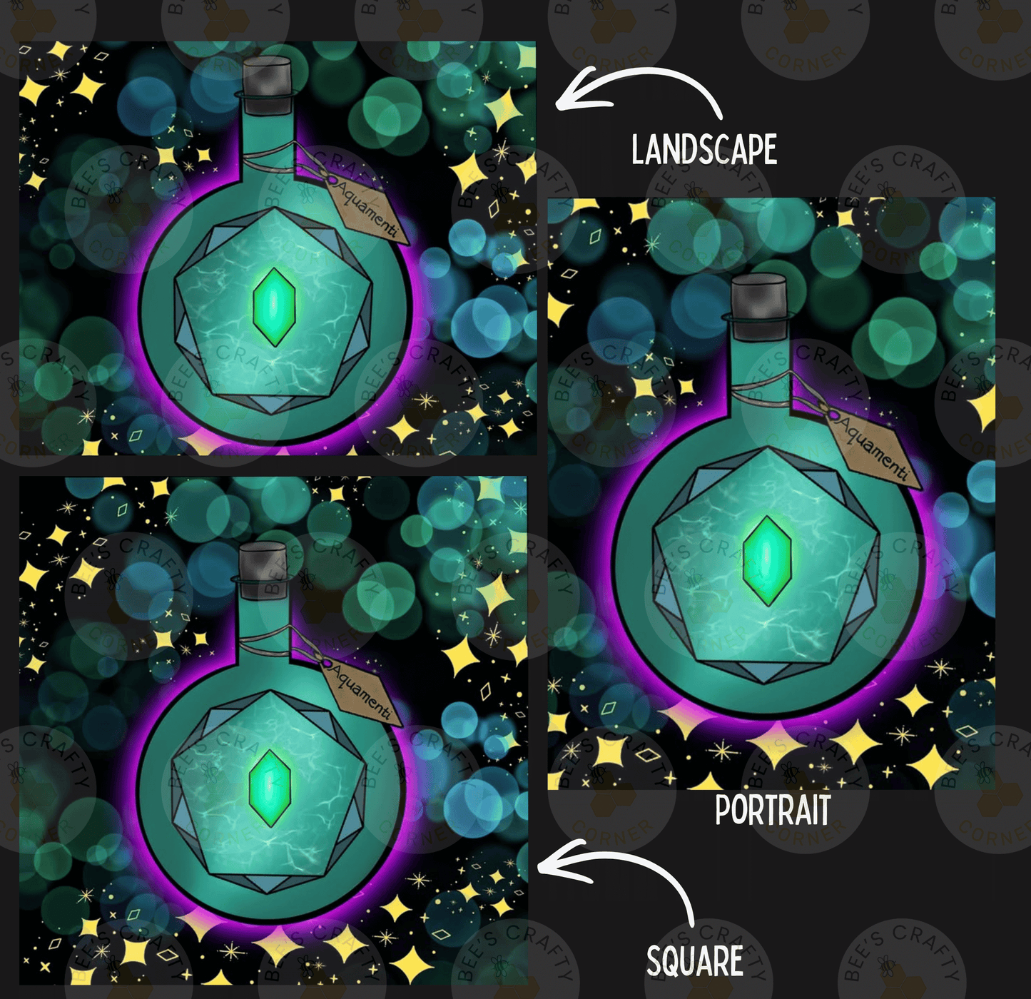 The image is a collage of three pictures, each depicting a bottle with a green gemstone. The bottles are surrounded by a starry background and appear to be floating or floating in a space-like setting. The collage is labeled as a landscape, portrait, and square, indicating the different perspectives of the bottles within the scene.