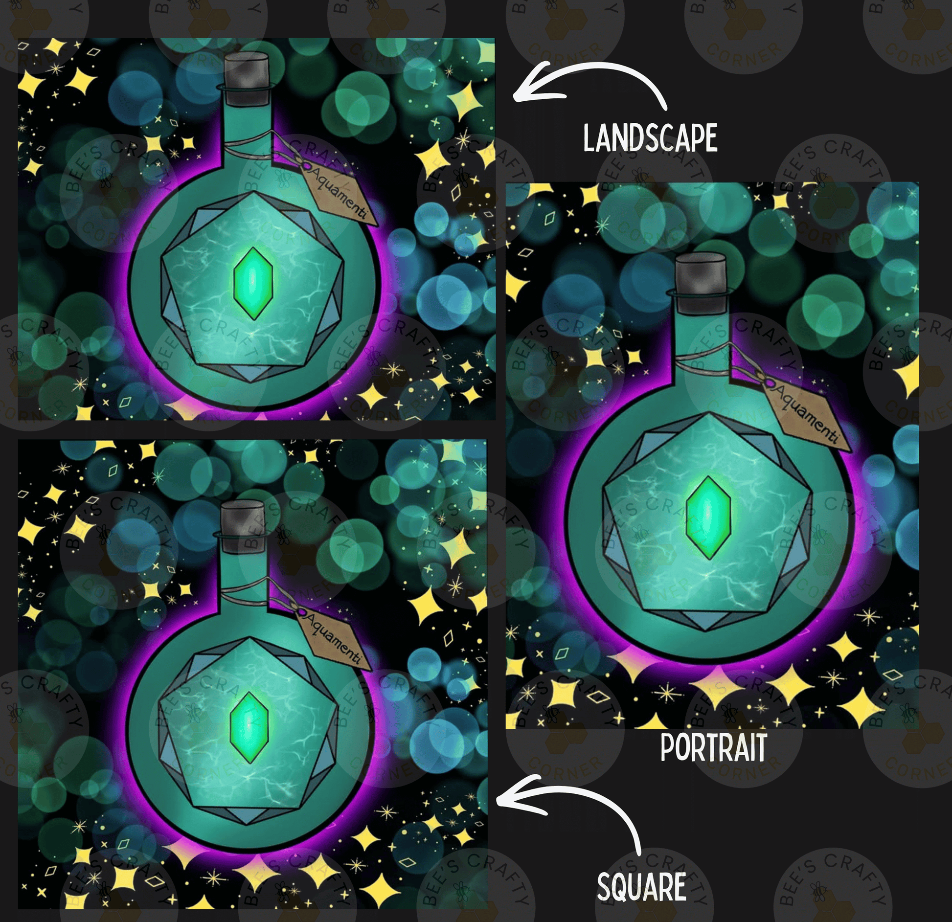 The image is a collage of three pictures, each depicting a bottle with a green gemstone. The bottles are surrounded by a starry background and appear to be floating or floating in a space-like setting. The collage is labeled as a landscape, portrait, and square, indicating the different perspectives of the bottles within the scene.