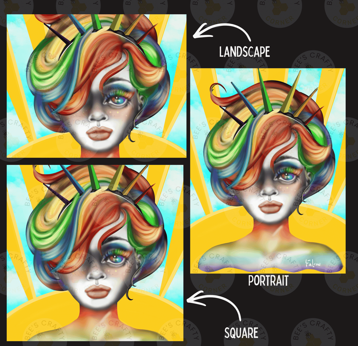 The image is a collage of three images depicting a colorful, stylized portrait of a woman with vibrant hair and makeup.