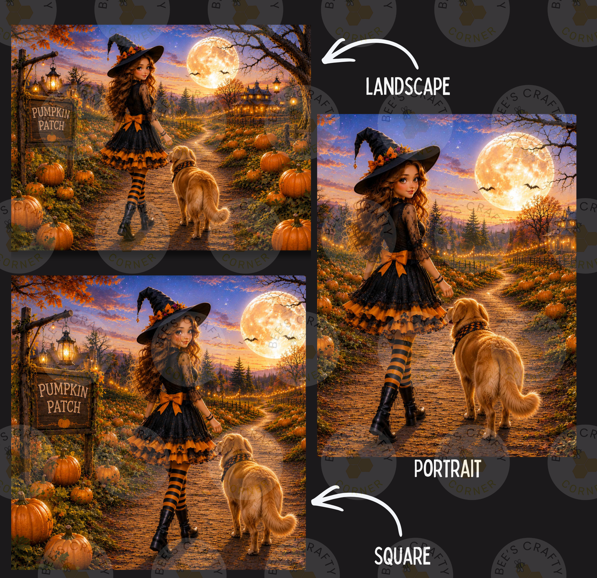 The image is a collage of three pictures depicting a young girl in a witch's hat walking a dog on a path through a pumpkin patch at night. The girl is wearing a black dress and striped stockings, and the dog is wearing a collar. The background features a full moon, jack-o-lanterns, and a sign that reads "Pumpkin Patch". The collage is labeled as a "LANDSCAPE" and a "PORTRAIT" to differentiate between the different images.
