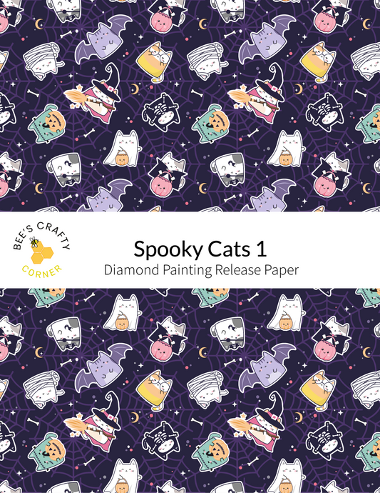 The image is a repeating pattern of various Halloween-themed cat illustrations, including bats, pumpkins, and other spooky elements, against a dark purple background.