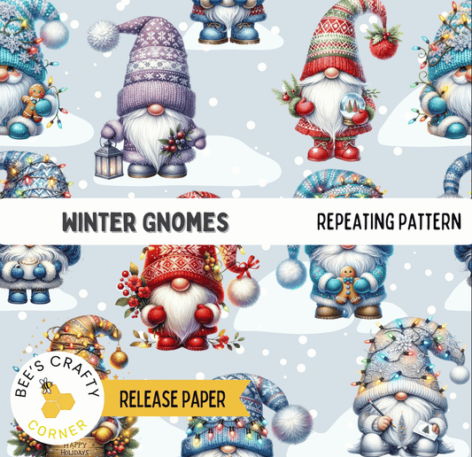 The image is a repeating pattern of various winter gnomes, each with different outfits and accessories, such as hats, scarves, and boots. The pattern is set against a snowy background, creating a festive and whimsical atmosphere.