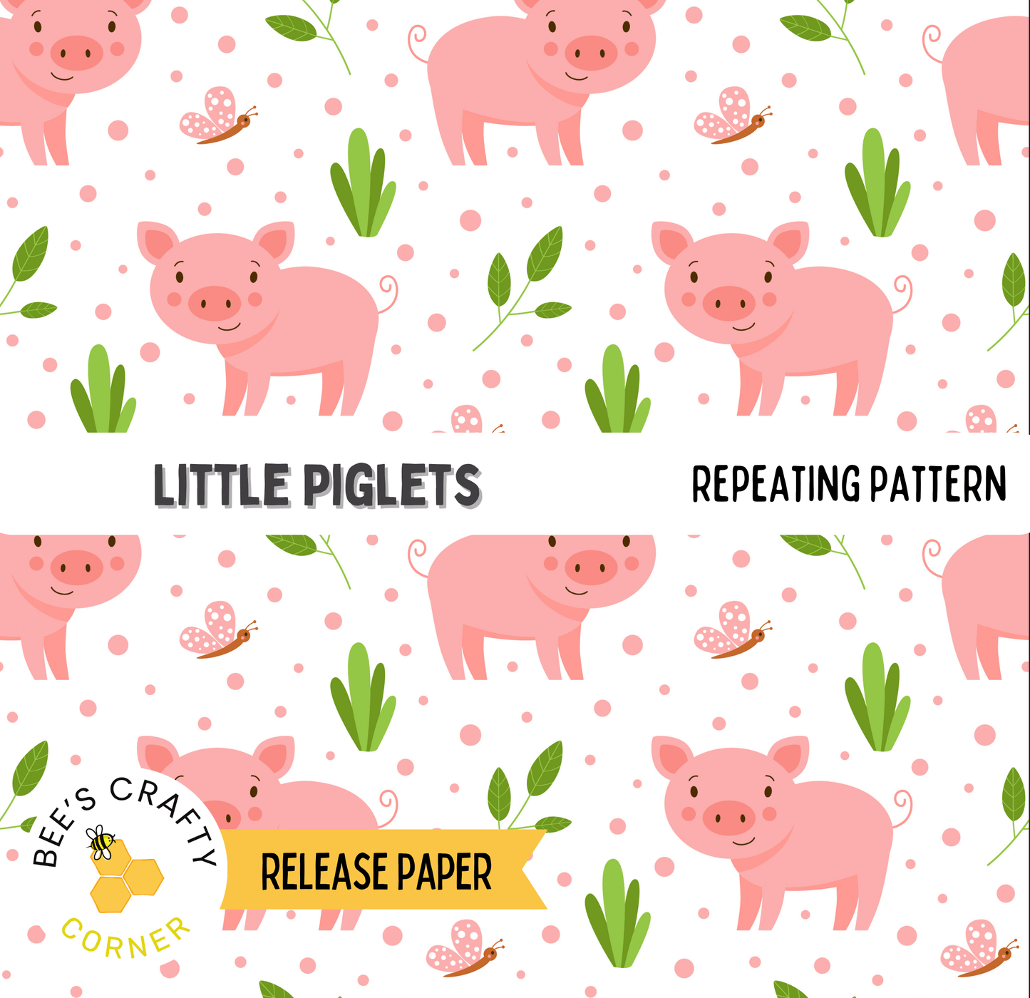 a repeating pattern of pink pigs, green leaves, and butterflies on a white background.