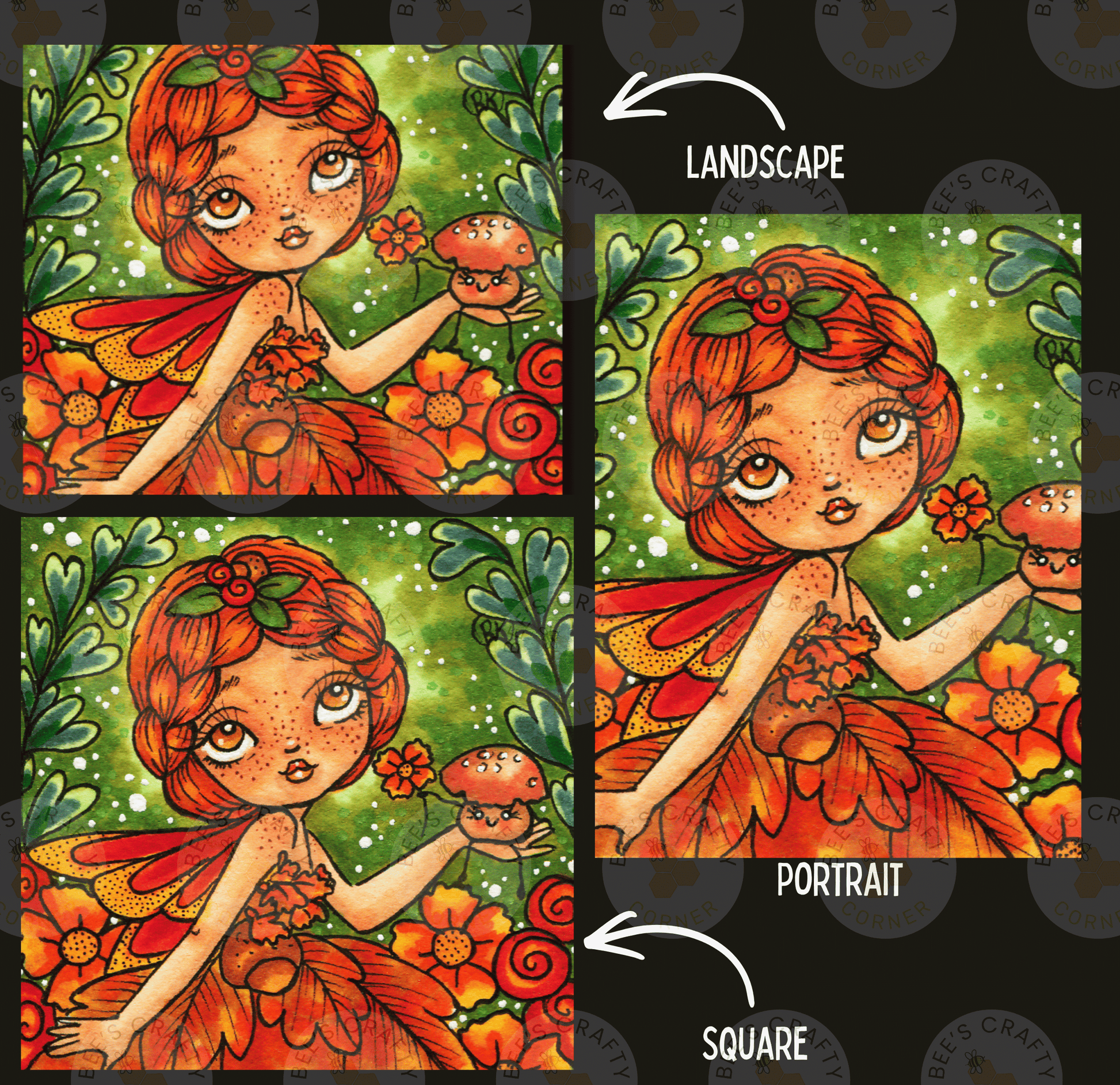 The image is a collage of three pictures depicting a fairy with a flower in her hand, surrounded by a lush, colorful landscape.
