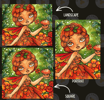 The image is a collage of three pictures depicting a fairy with a flower in her hand, surrounded by a lush, colorful landscape.