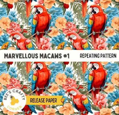 The image is a repeating pattern featuring vibrant red and blue parrots perched on branches amidst a colorful floral background.