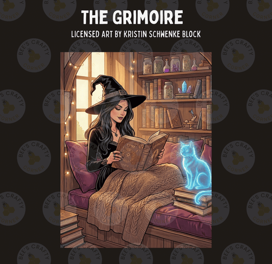 a woman in a witch's hat reading a book, with a cat sitting on her lap and a glowing blue cat-like figure in the background.