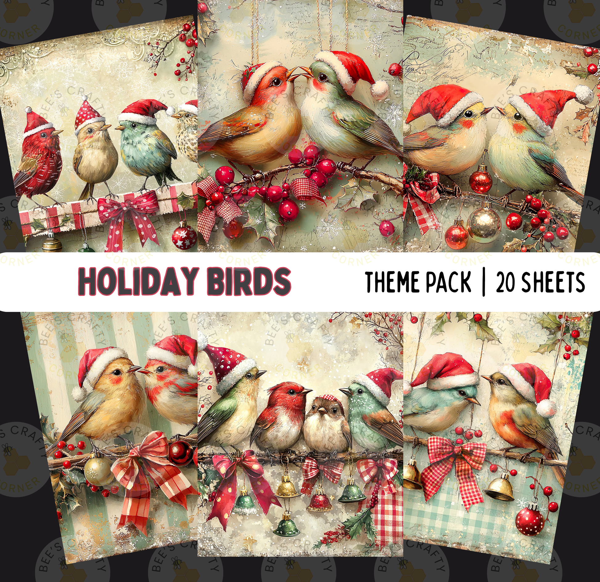 The image is a collage of holiday-themed pictures featuring colorful birds wearing Santa hats, surrounded by festive decorations such as ribbons, bows, and ornaments.