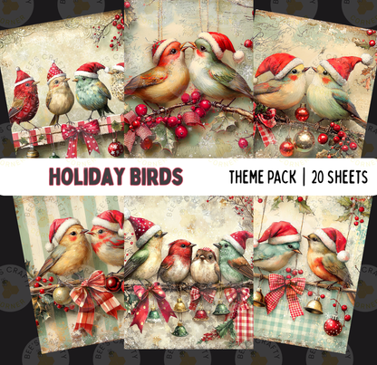 The image is a collage of holiday-themed pictures featuring colorful birds wearing Santa hats, surrounded by festive decorations such as ribbons, bows, and ornaments.