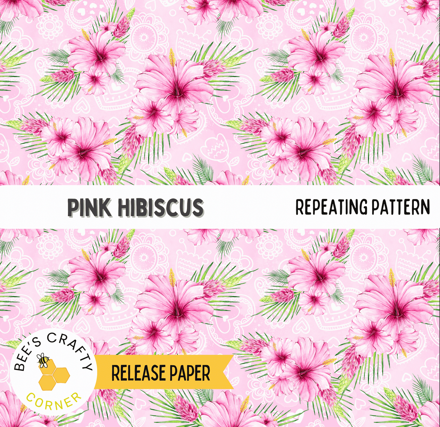 The image is a repeating pattern of pink hibiscus flowers and green leaves against a pink background.