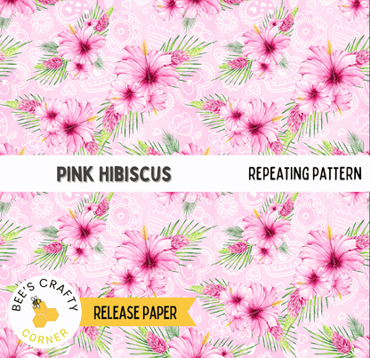 The image is a repeating pattern of pink hibiscus flowers and green leaves against a pink background.