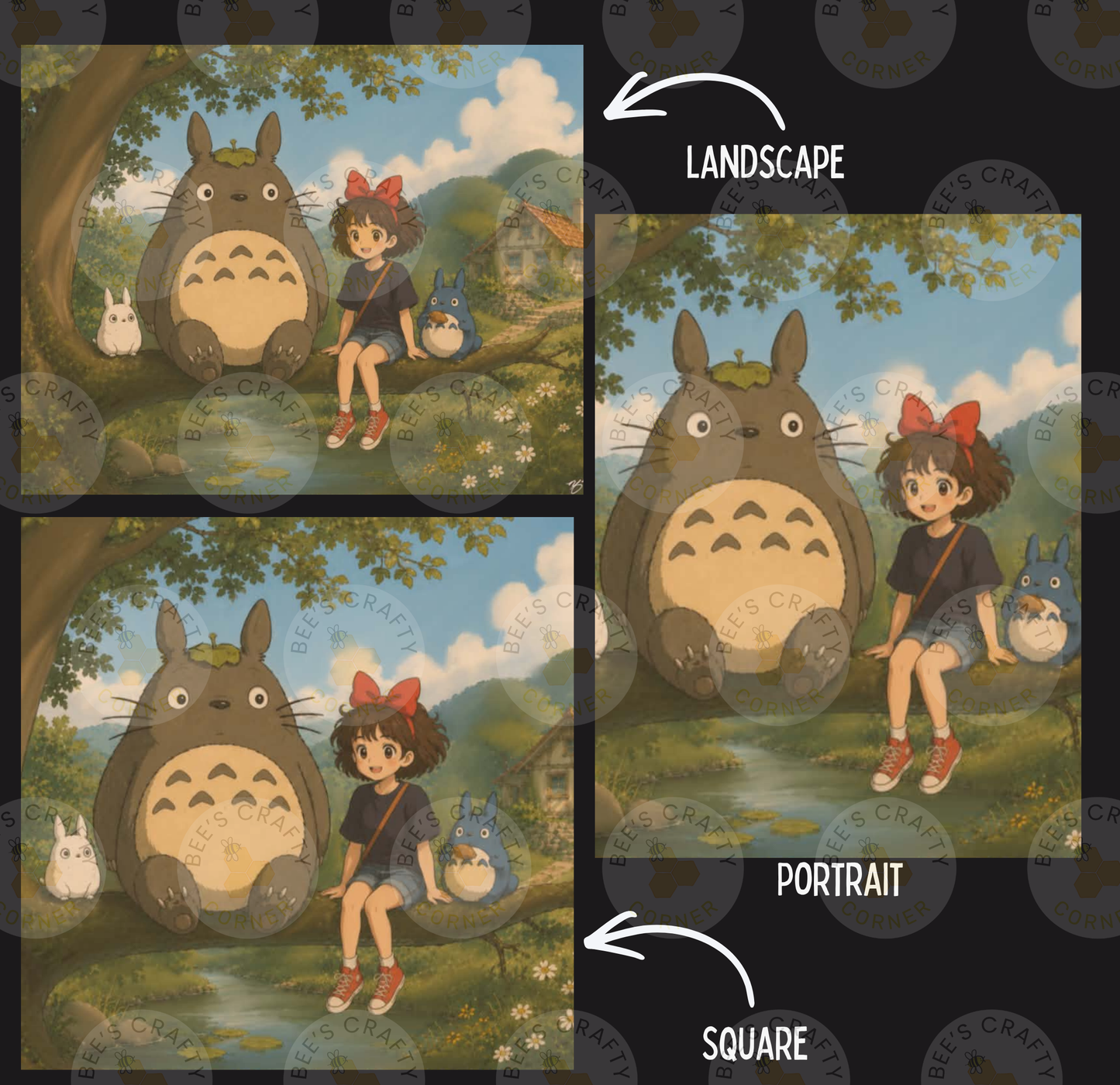 The image is a collage of three images depicting a girl sitting on a large, cartoonish creature in a forest setting. The girl is accompanied by two smaller creatures, one of which is a cat-like creature. The collage is labeled as a landscape and a portrait, with the landscape image showing the girl and the cat-like creature together, and the portrait image showing the girl and the cat-like creature separately.