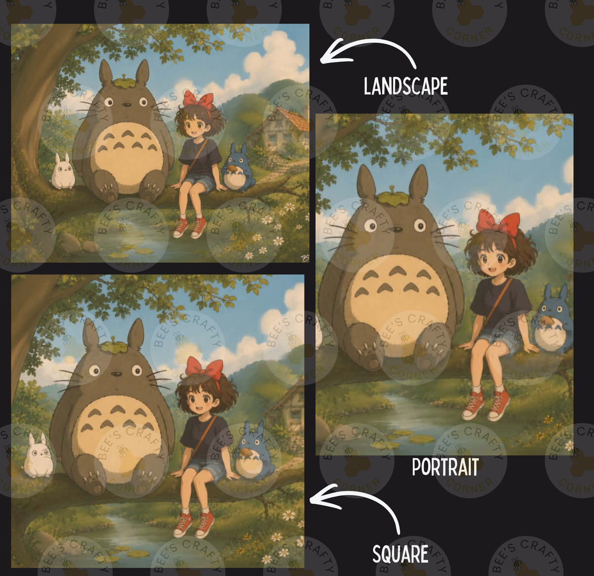 The image is a collage of three images depicting a girl sitting on a large, cartoonish creature in a forest setting. The girl is accompanied by two smaller creatures, one of which is a cat-like creature. The collage is labeled as a landscape and a portrait, with the landscape image showing the girl and the cat-like creature together, and the portrait image showing the girl and the cat-like creature separately.