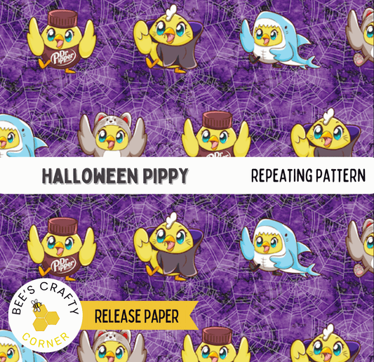 The image is a repeating pattern of cartoon-style birds, including a shark, against a purple background. The birds are wearing various costumes and accessories, creating a festive and whimsical Halloween theme.