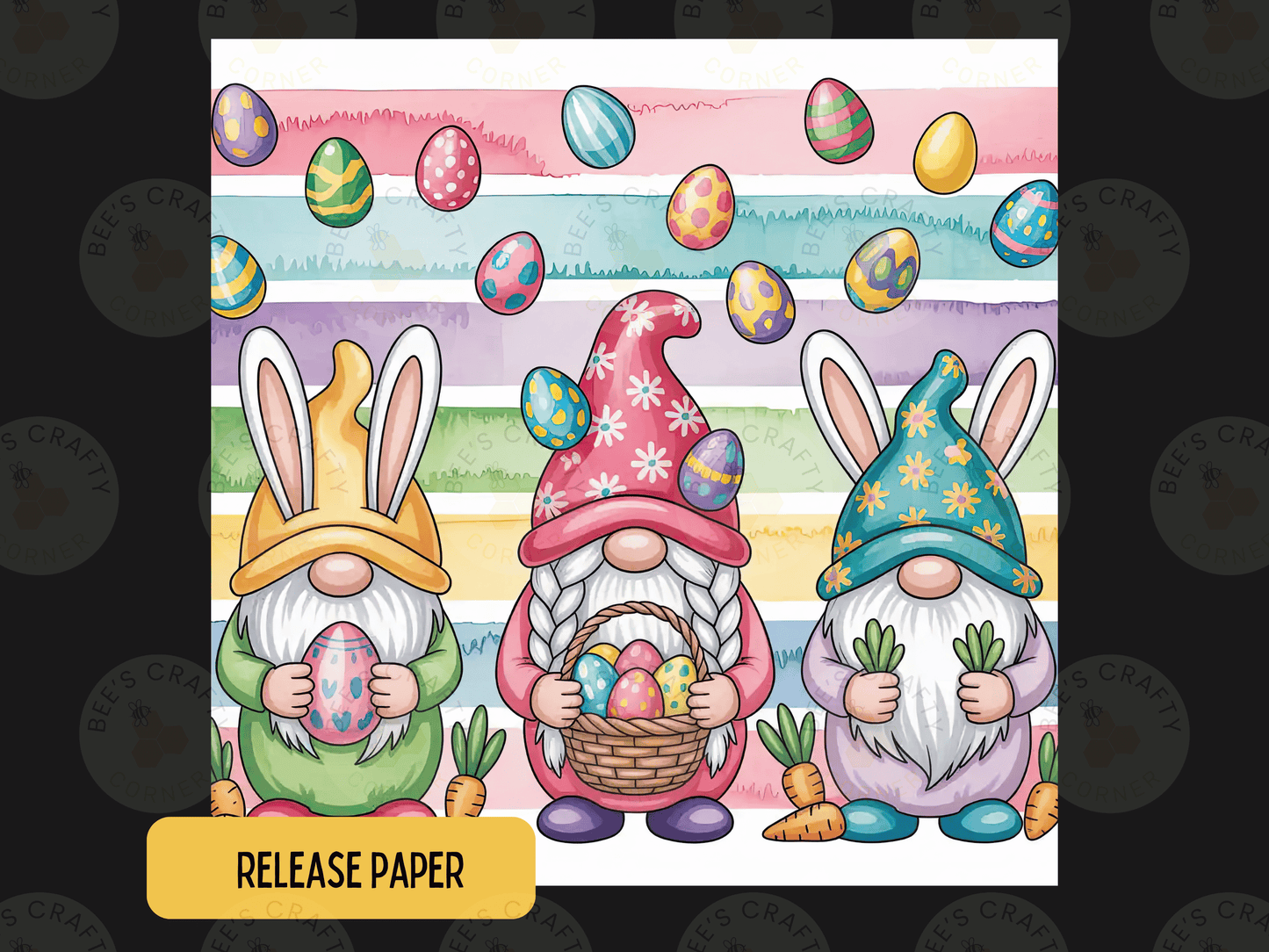 The image is a colorful illustration featuring three gnomes holding Easter eggs, surrounded by carrots and other Easter-themed elements.
