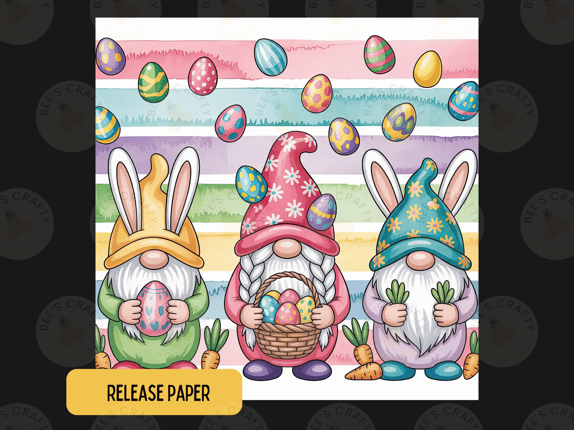 The image is a colorful illustration featuring three gnomes holding Easter eggs, surrounded by carrots and other Easter-themed elements.