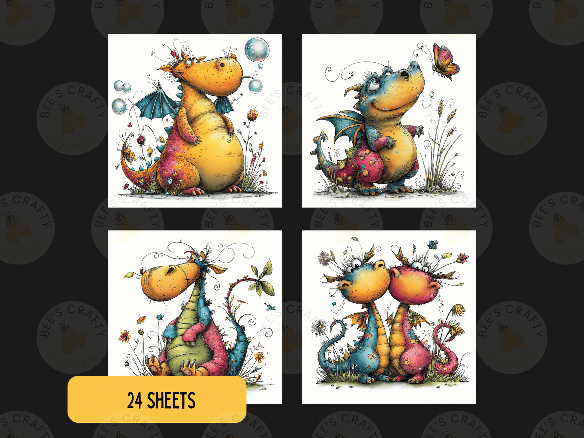 four colorful illustrations of dragons, each with unique poses and expressions.